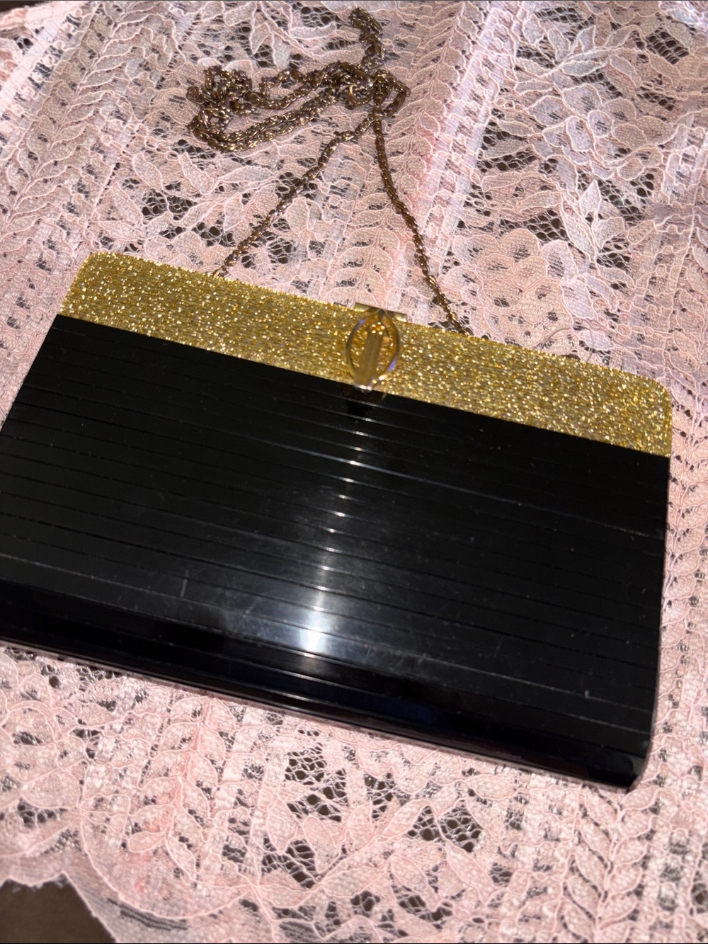 Rare Acrylic Black and Gold Glitter Evening Clutch with Chain Strap